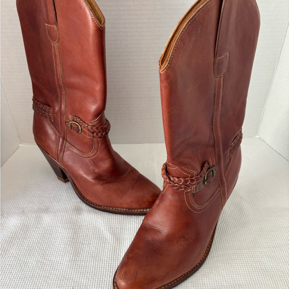 Women's Town & Country Red  Leather Western Heeled Boots with Braided Strap